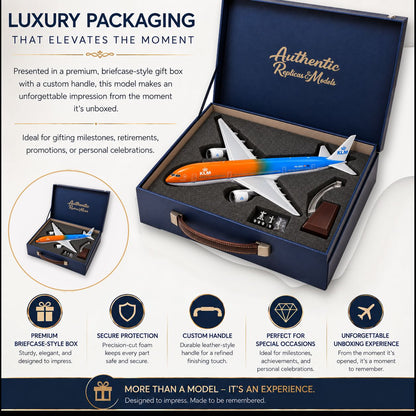 A luxury gift box presentation for a model airplane. The open dark blue briefcase-style box shows a colorful model airplane with a blue-to-orange gradient fuselage, white wings, and a small white model car.