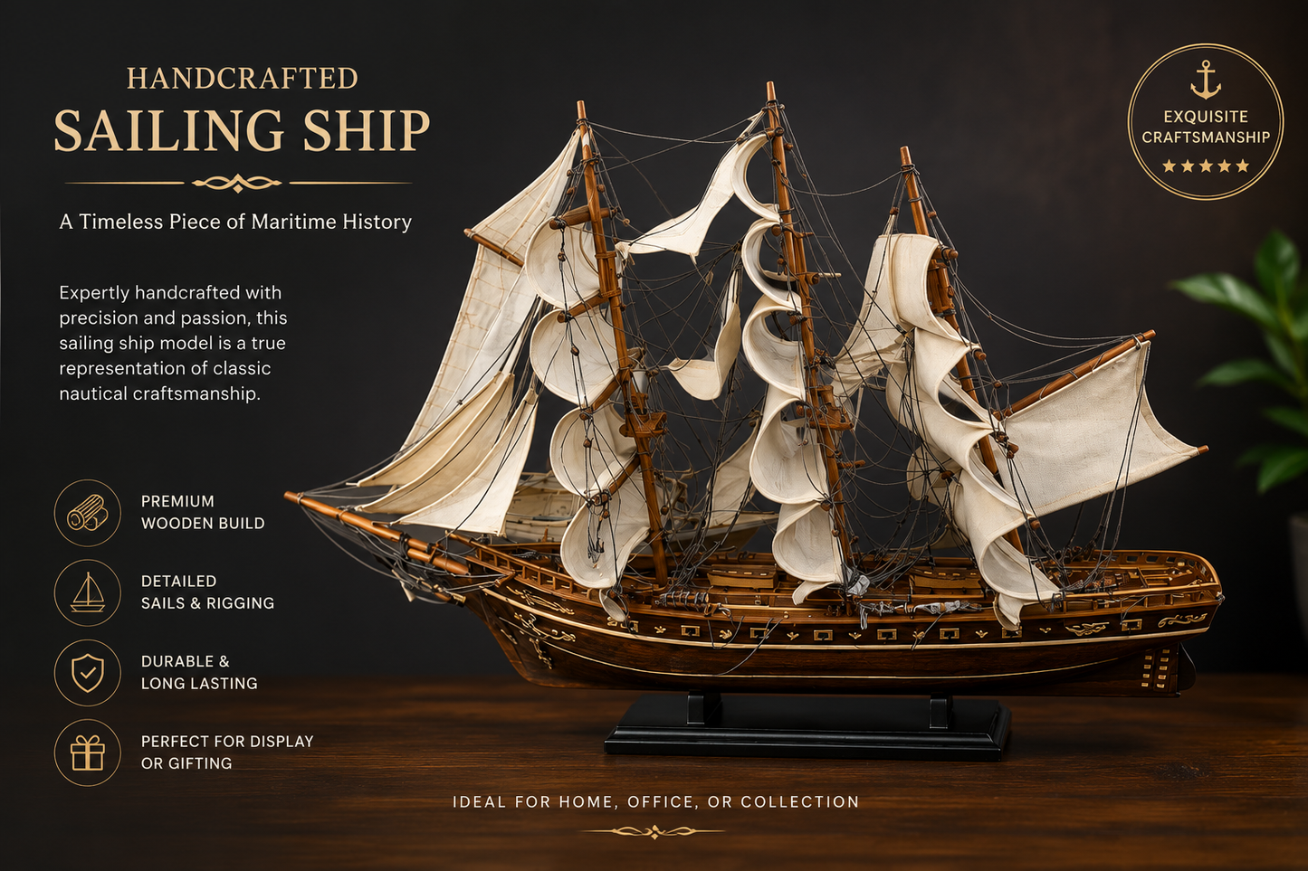 Handcrafted wooden sailing ship model with cream-colored sails and a black display base, shown on a dark wooden surface against a dark background with promotional text and icons.