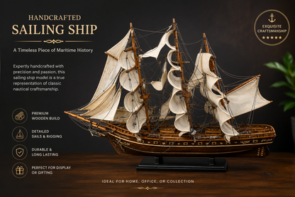 Handcrafted wooden sailing ship model with cream-colored sails and a black display base, shown on a dark wooden surface against a dark background with promotional text and icons.
