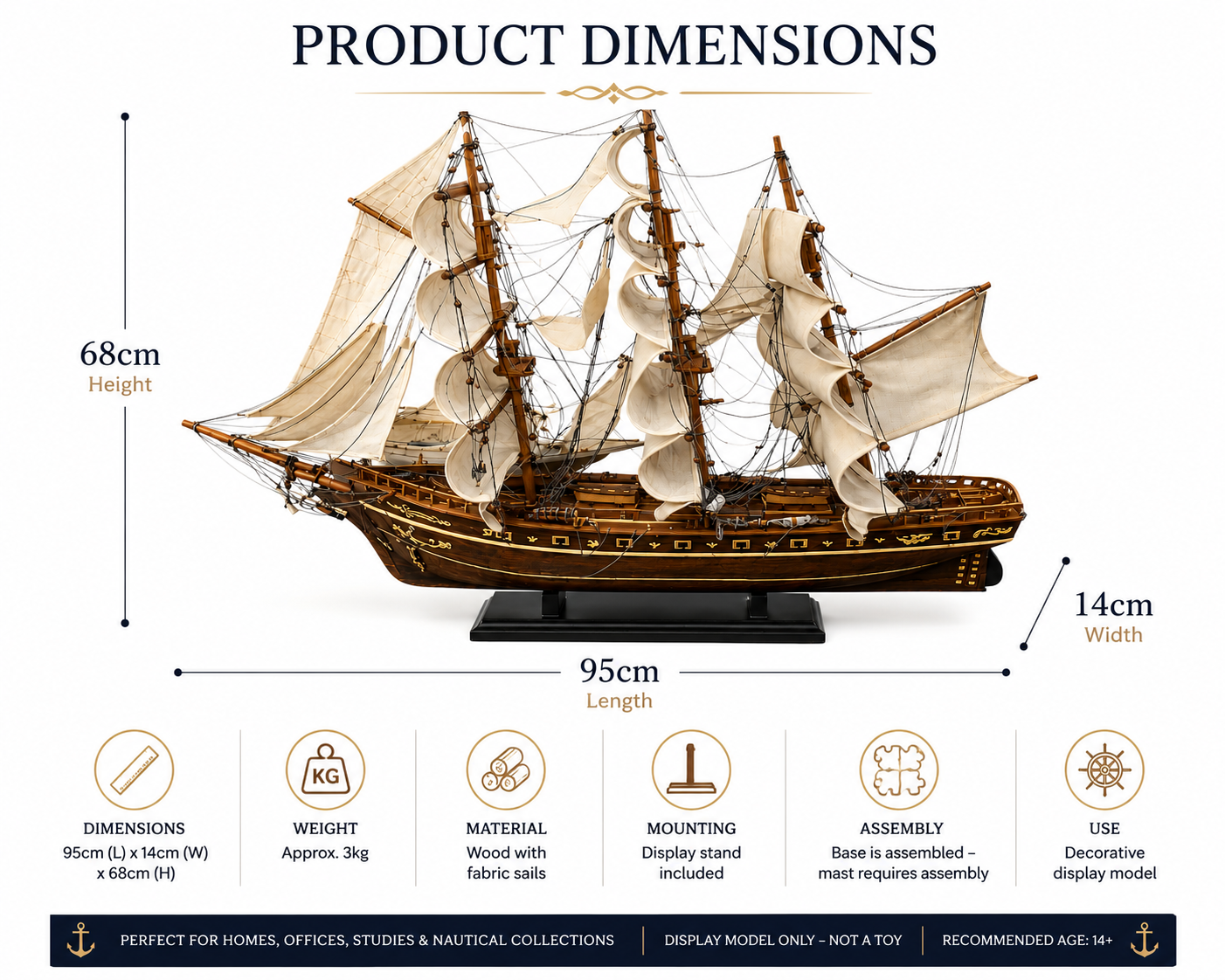 Product dimensions diagram for an ornate wooden sailing ship model on a black stand, showing height 68cm, length 95cm, and width 14cm, with icons detailing dimensions, weight, material, mounting, assembly, and use.