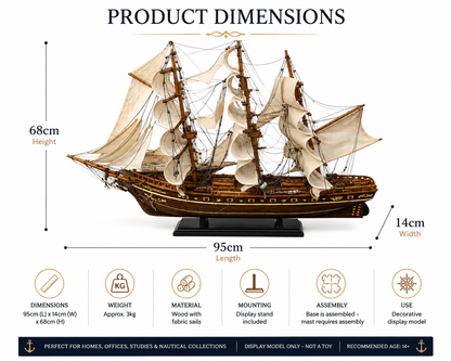 Product dimensions diagram for an ornate wooden sailing ship model on a black stand, showing height 68cm, length 95cm, and width 14cm, with icons detailing dimensions, weight, material, mounting, assembly, and use.