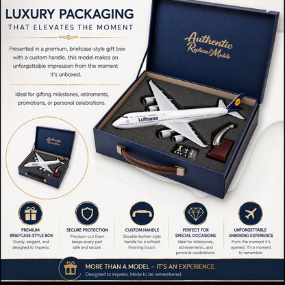 A luxury presentation box set for a Lufthansa model airplane, shown open and closed on a white background with marketing text. The set includes a navy blue briefcase-style gift box with a custom handle, velvet-lined interior, and a white model airplane with gold accents.