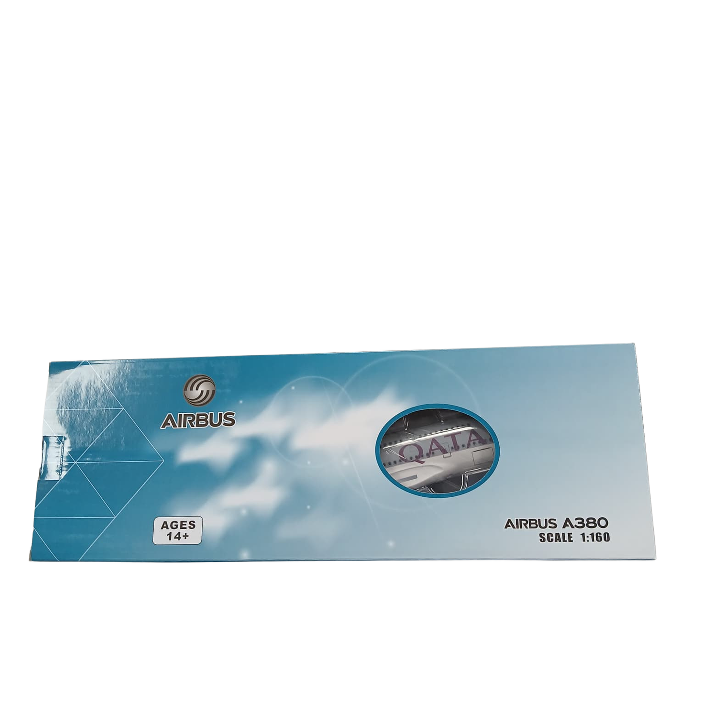 Package of Airbus A380 model airplane kit with Qantas branding on a white background