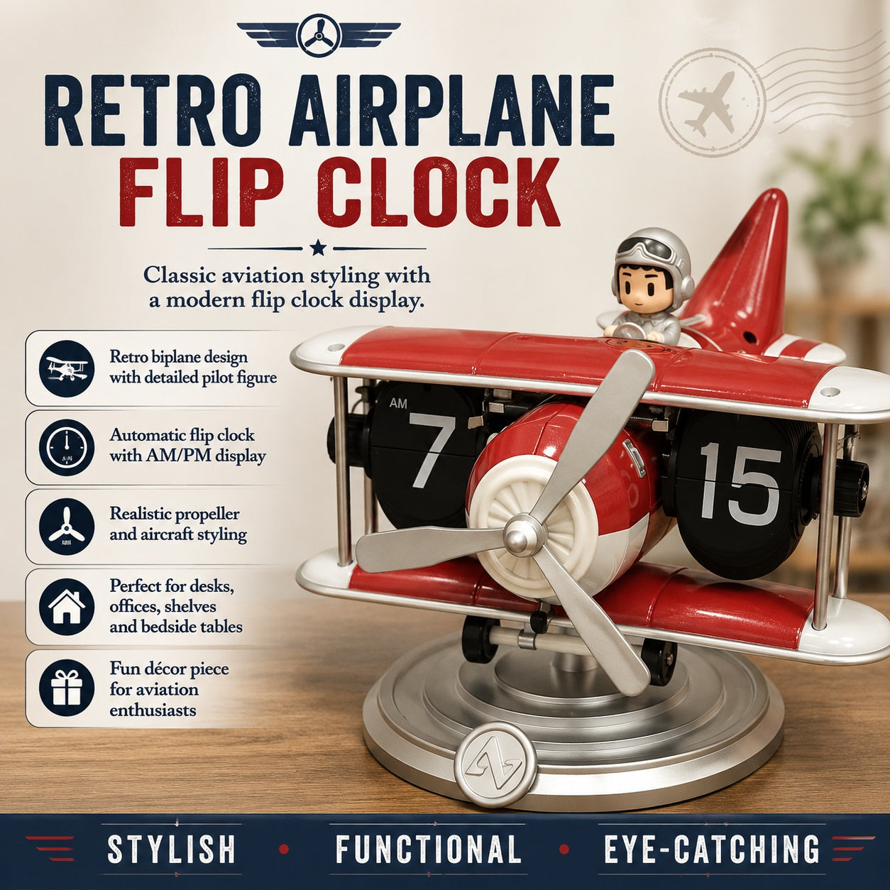 Retro Airplane Flip Clock – Vintage Biplane Novelty Desk Timepiece