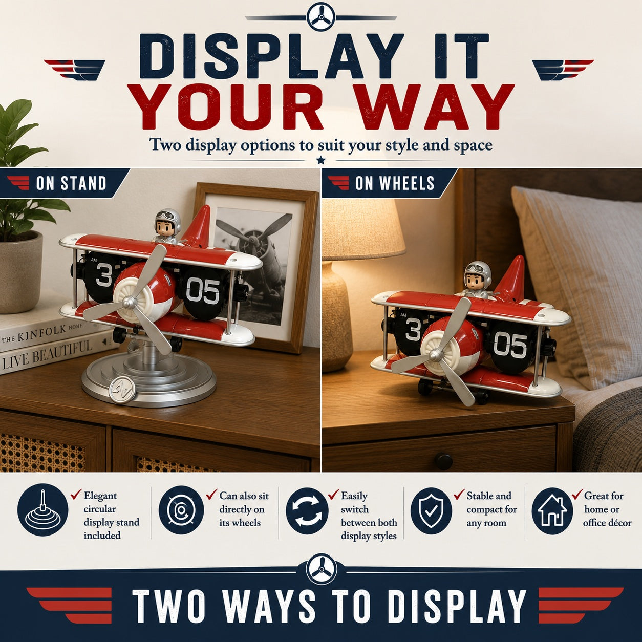 Retro Airplane Flip Clock – Vintage Biplane Novelty Desk Timepiece