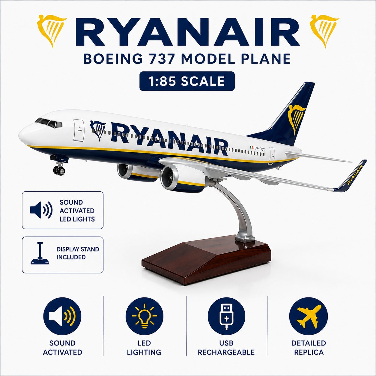 Model airplane with Ryanair branding on a white background