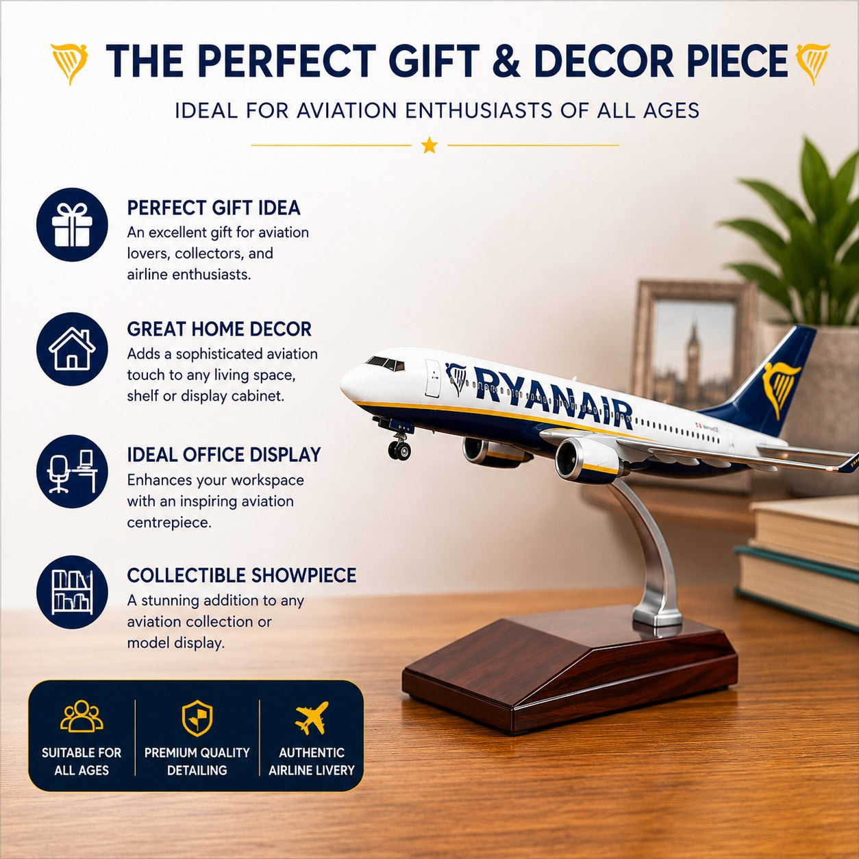 Model airplane on a wooden base with Ryanair branding, displayed as a gift and decor piece.
