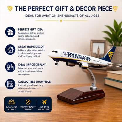 Model airplane on a wooden base with Ryanair branding, displayed as a gift and decor piece.