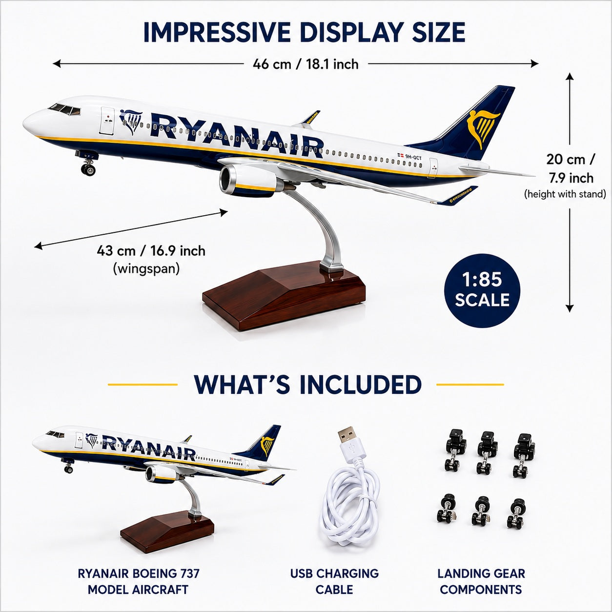 Model airplane with Ryanair branding and included components on a white background