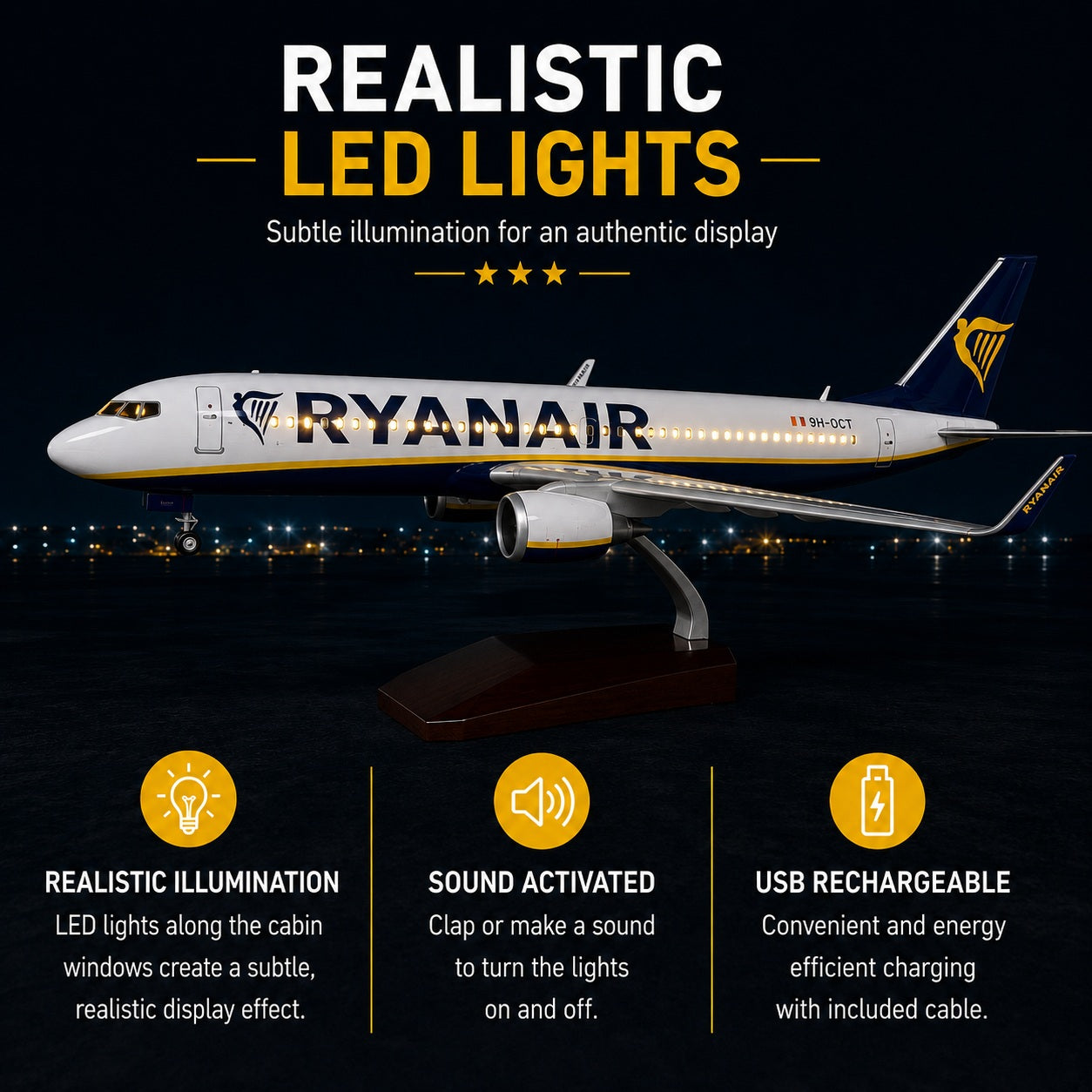 Model airplane with Ryanair branding featuring LED lights on a dark background