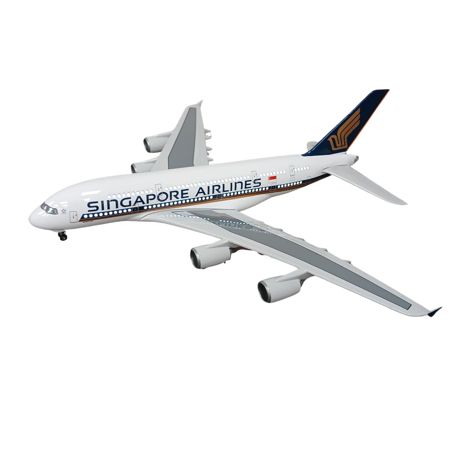 Model of a A380 Singapore Airlines airplane on a white background