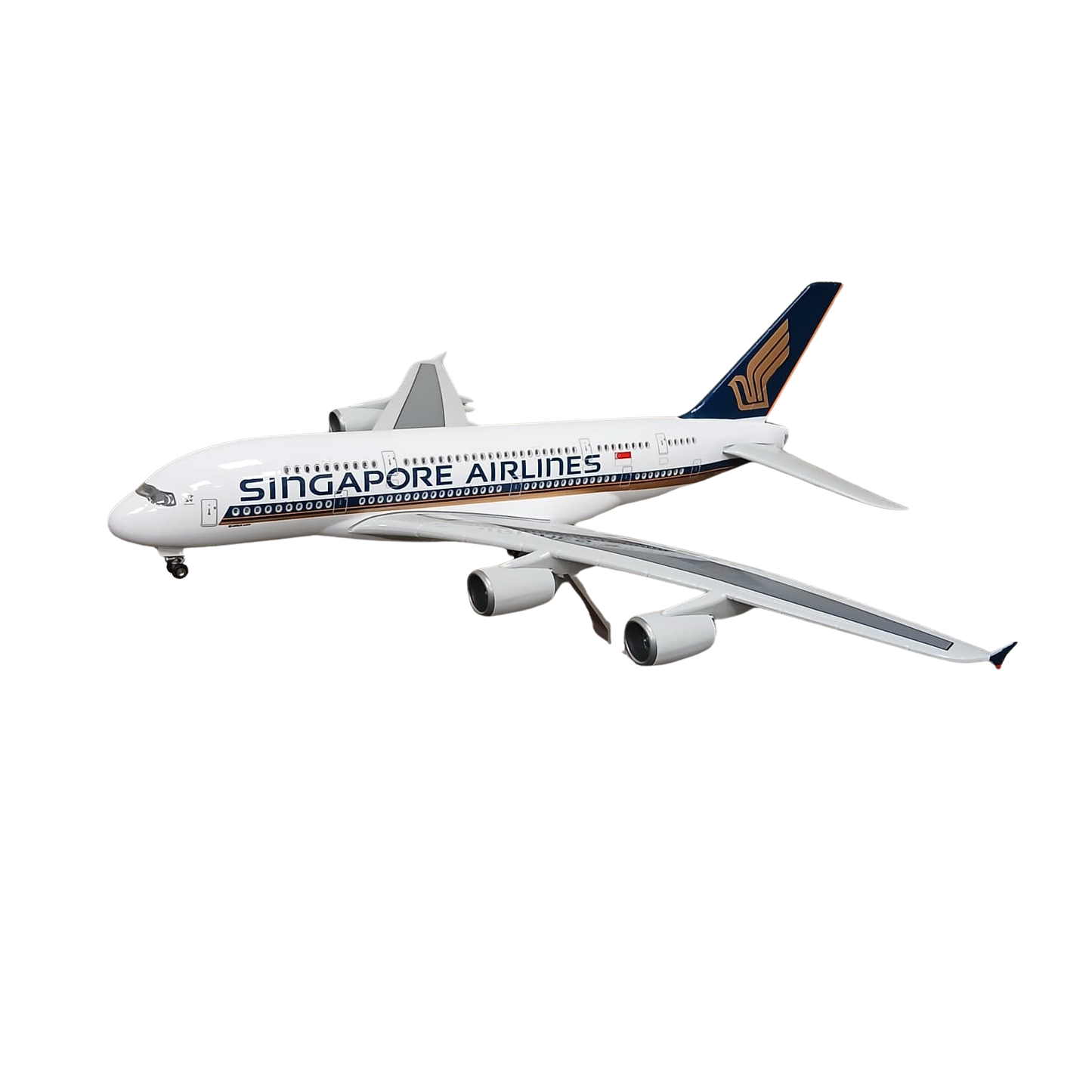 Model of a A380 Singapore Airlines airplane on a white background