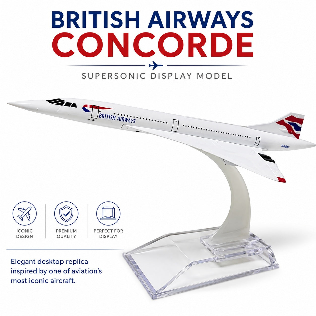 Model of a British Airways Concorde on a white background with branding text.
