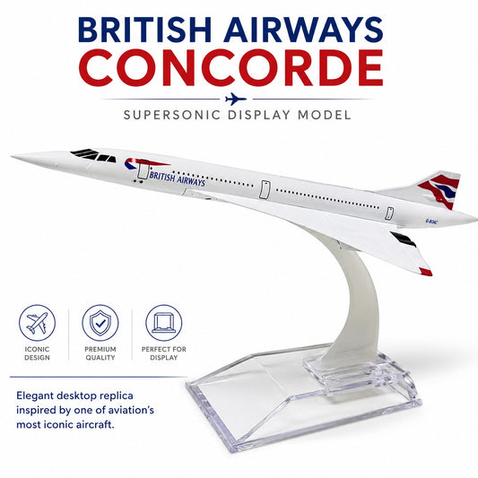 Model of a British Airways Concorde on a white background with branding text.