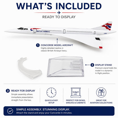British Airways Concorde model aircraft with display stand on a white background
