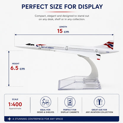 Model airplane with British Airways logo and dimensions on a white background