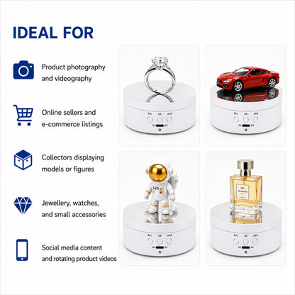 White rotating display stand with various items on a white background, ideal for product photography and videography.
