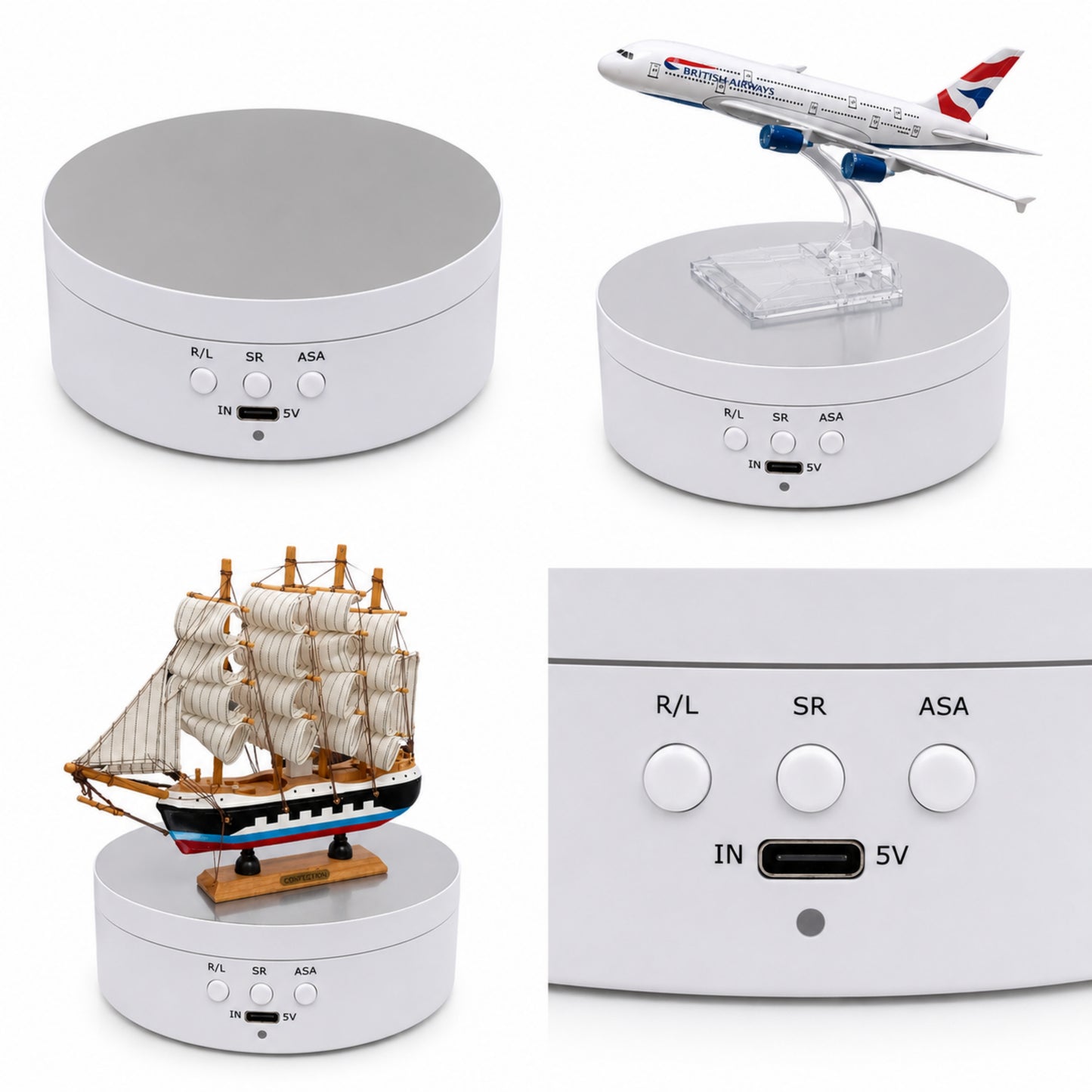 White electronic device with model airplane, ship, and airplane on top, displaying ports and buttons.