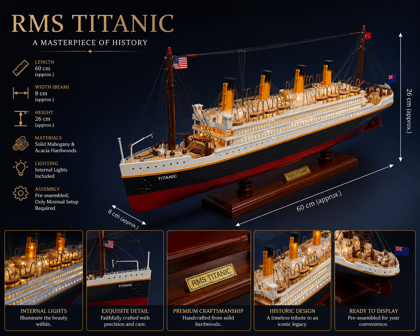 RMS Titanic Wooden Model Ship With Lights - Handcrafted Mahogany & Acacia 60 cm