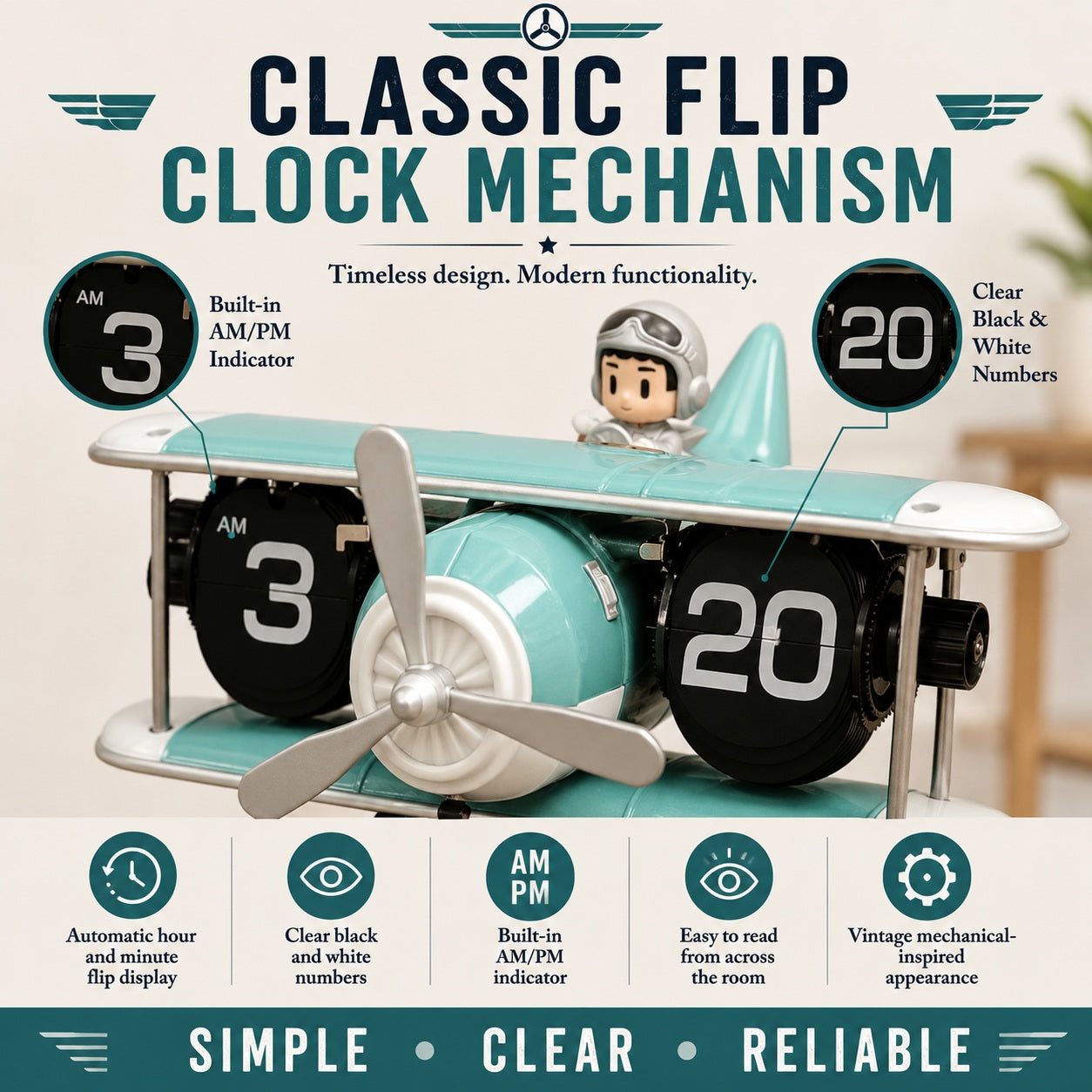 Retro Airplane Flip Clock – Vintage Biplane Novelty Desk Timepiece