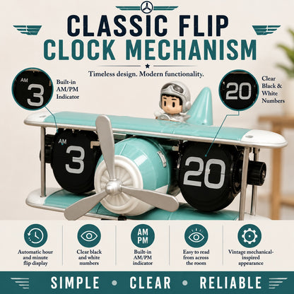 Retro Airplane Flip Clock – Vintage Biplane Novelty Desk Timepiece