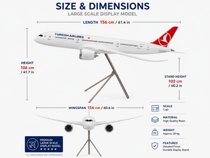 Large Turkish Airlines Scale 1:40 Boeing 787-9 Dreamliner Display Model Aircraft with Stand – 156cm - Authentic Replicas & Models