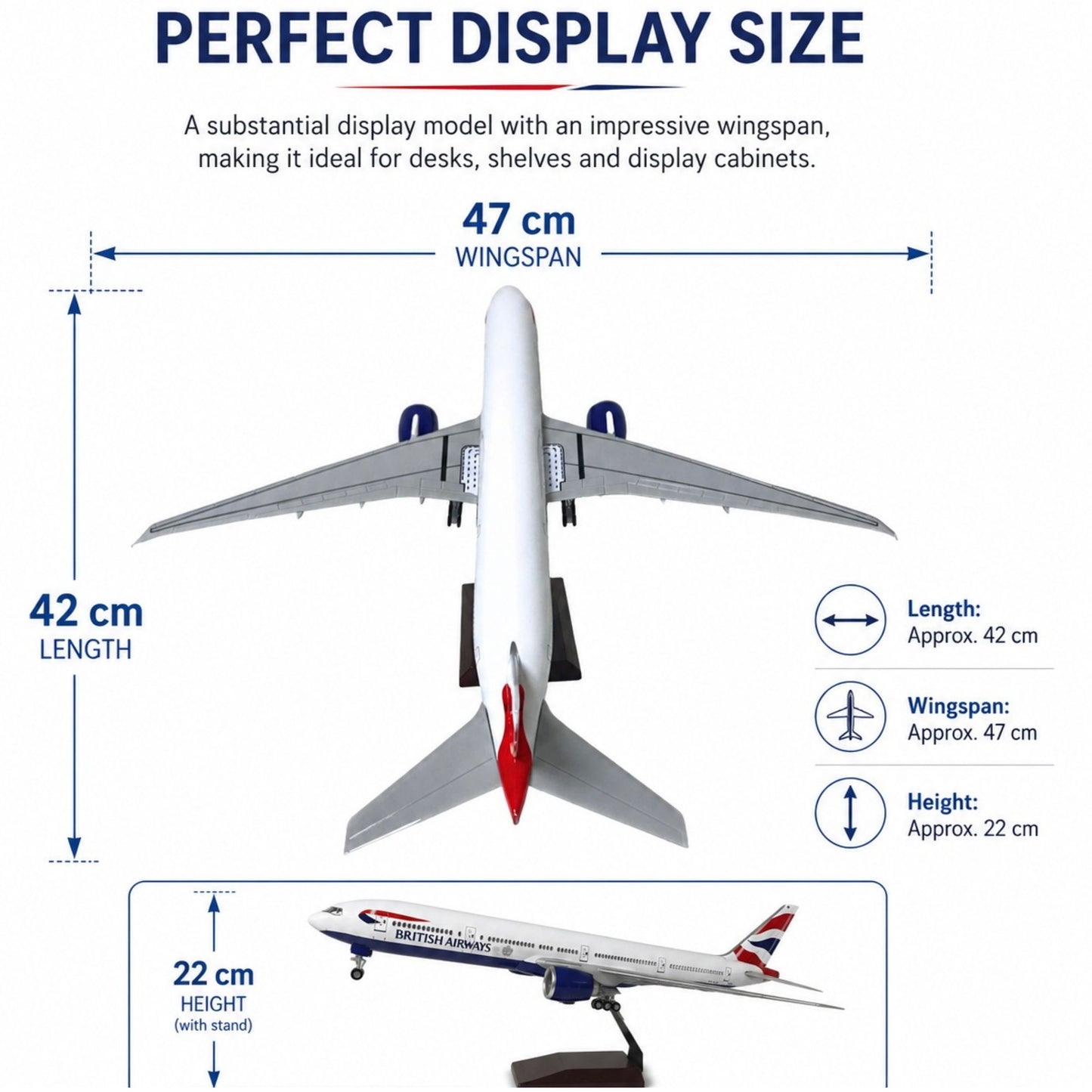 Model 777 airplane with dimensions labeled on a white background