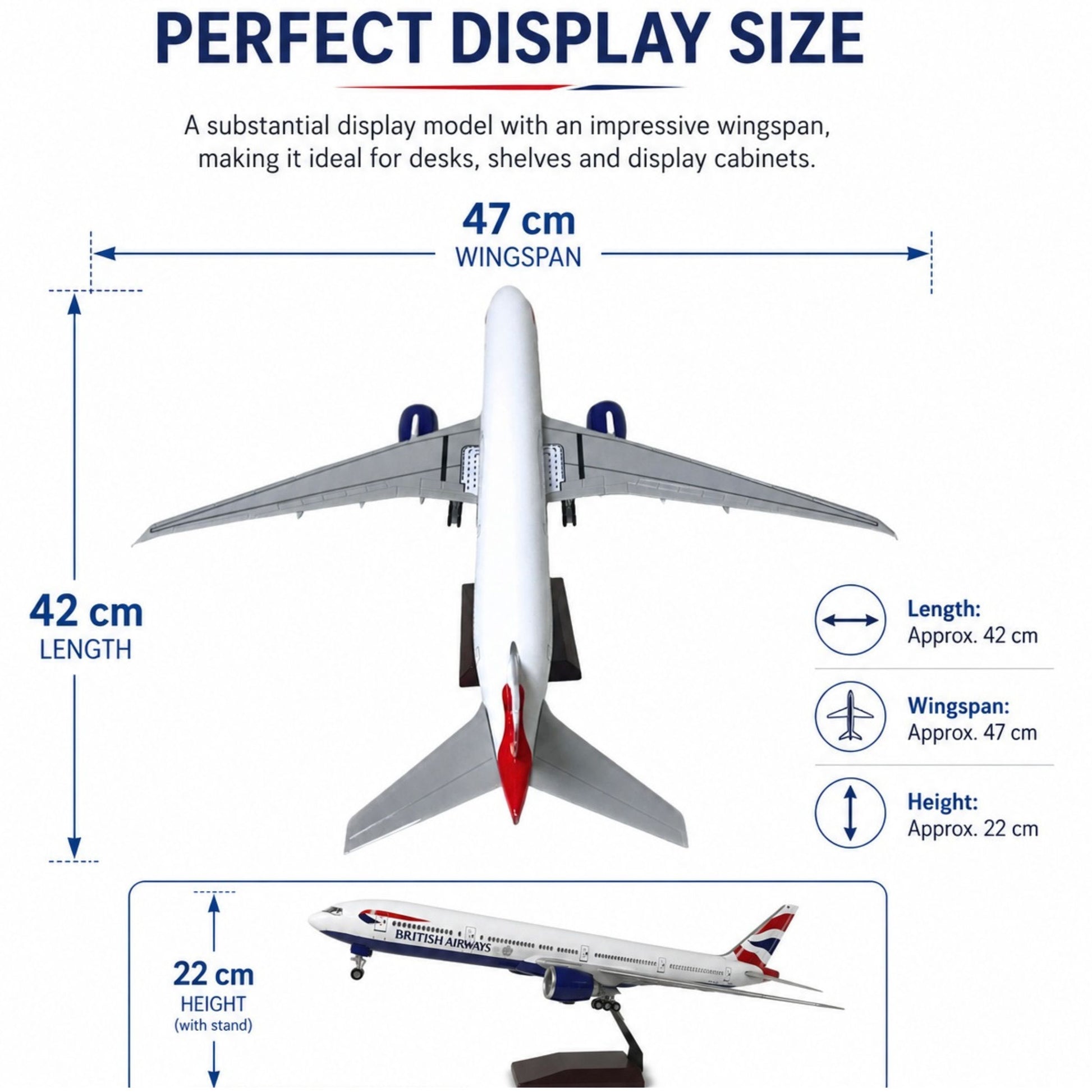Model 777 airplane with dimensions labeled on a white background