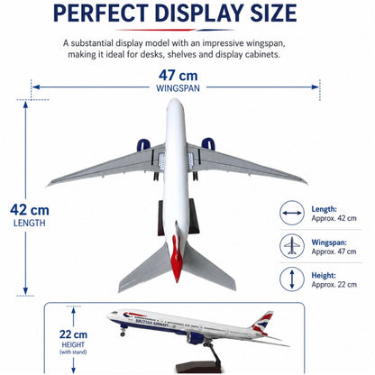 Model 777 airplane with dimensions labeled on a white background