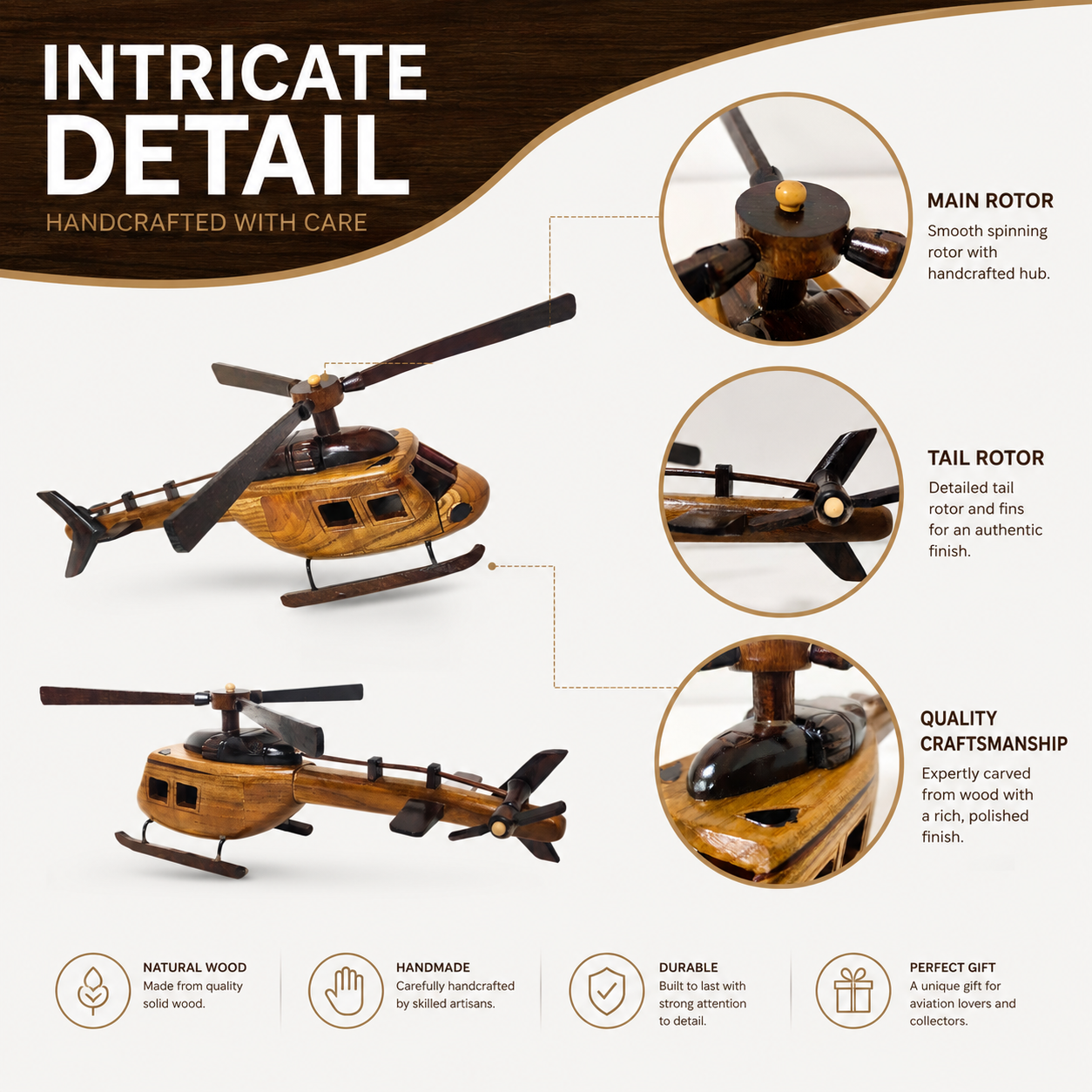 An infographic detailing the craftsmanship of a wooden helicopter model, showing two views of the wooden helicopter with close-up circular insets of its main rotor, tail rotor, and cockpit. The graphic features text highlighting features like 'Main Rotor', 'Tail Rotor', and 'Quality Craftsmanship' on a clean white background with a dark brown header.
