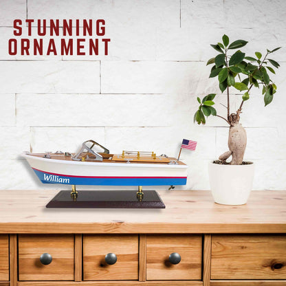 Handcrafted Wooden Model Speed Boat With Stand & Personalised Name Option
